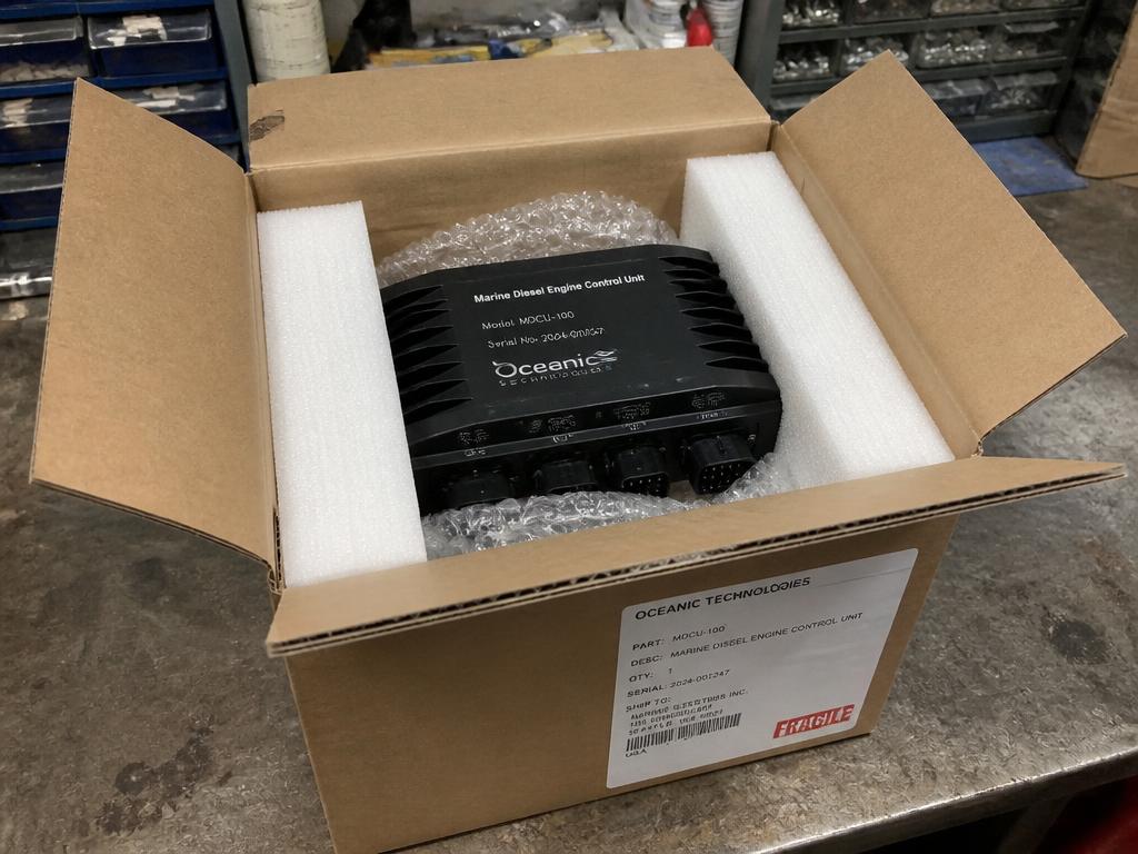 Diesel engine control module packed in a shipping box on a workbench